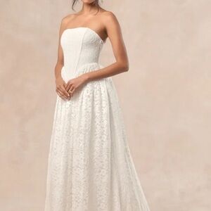 Shiori White Lace Bustier Basque Waist Strapless Maxi Dress